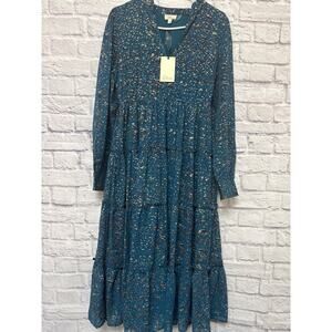 Elan Turquoise Splatter Long Sleeve Maxi Dress NWT Fully Lined MED Elastic Waist